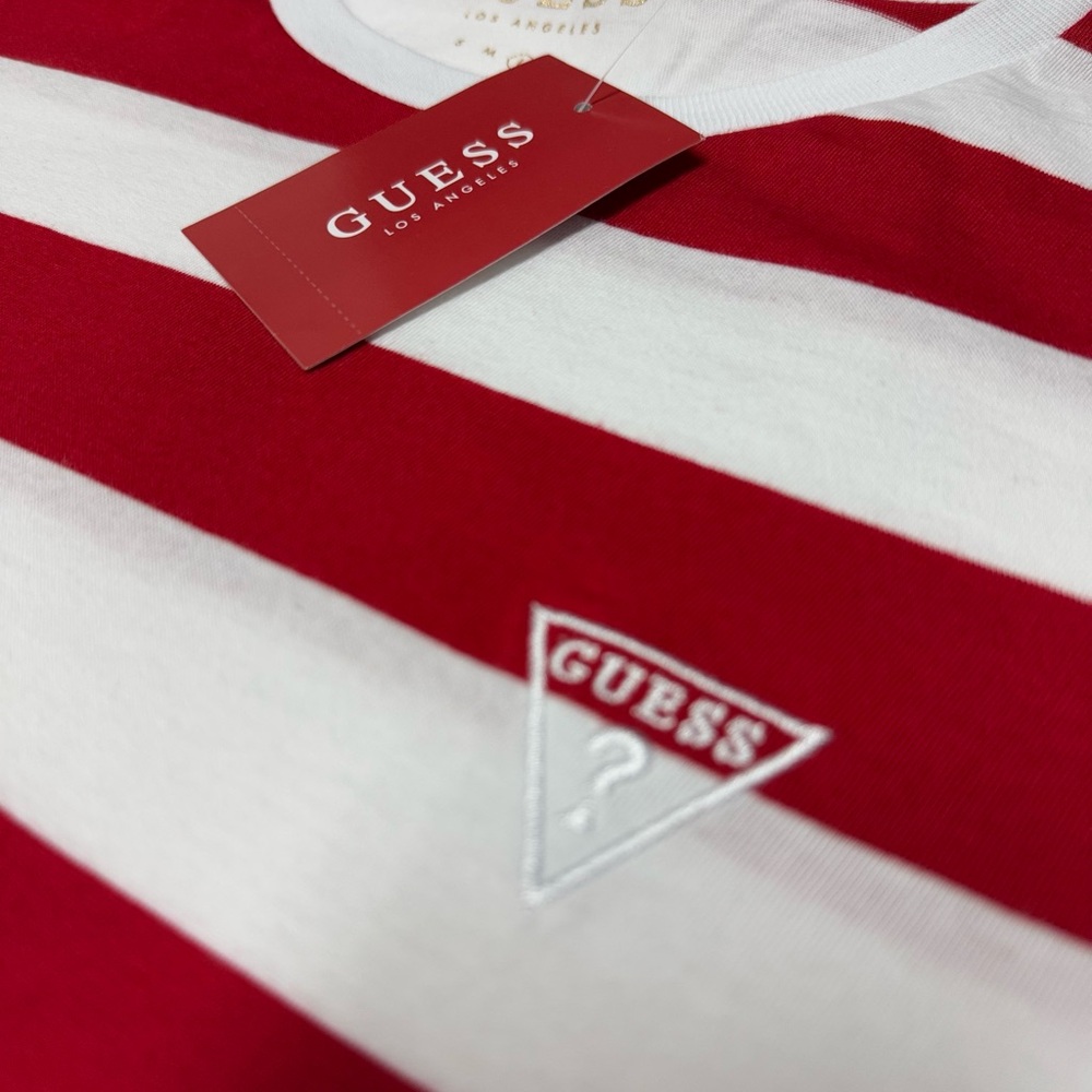GUESS LOS ANGELES  WOMEN'S  RED  WHITE SHORT SLEEVE  STRIPED ECO LOGO L ARGE